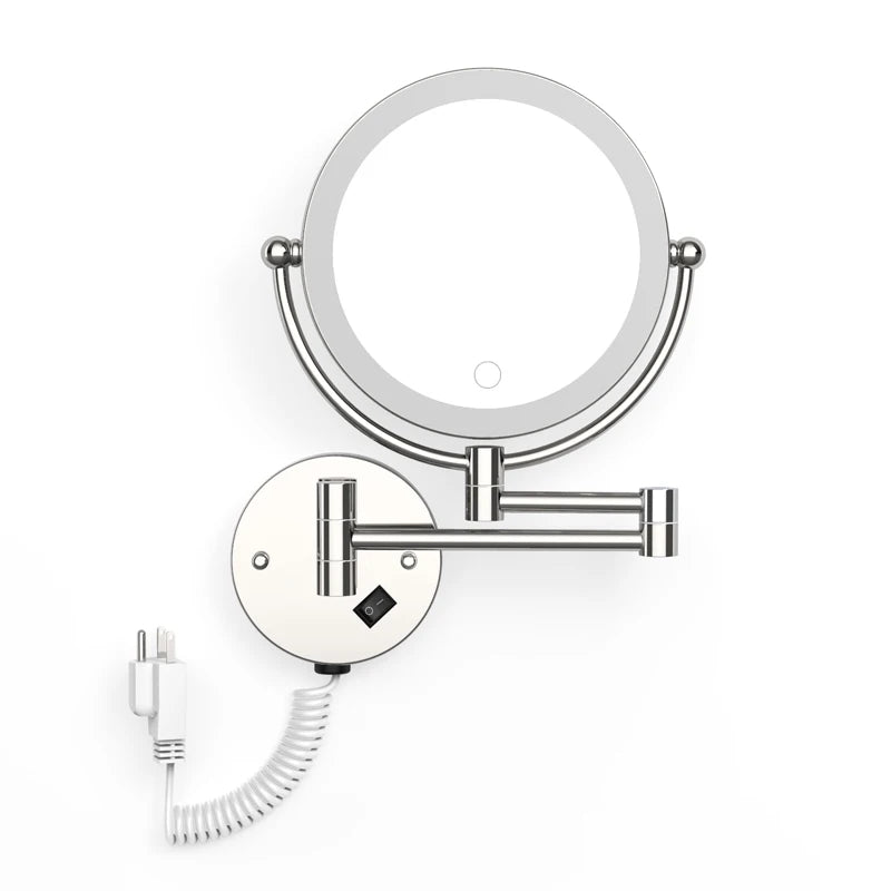 A round, wall-mounted LED makeup mirror with a magnifying feature and a flexible cord.