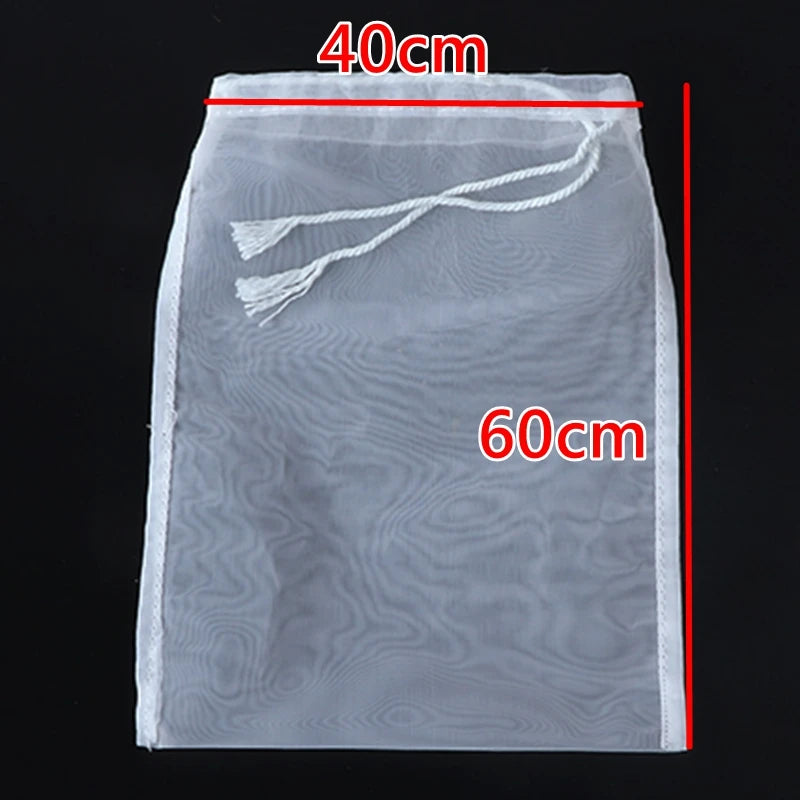 A clear nylon mesh filter bag is shown with dimensions of 40cm by 60cm and a drawstring.