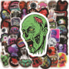 A collage of various horror skull zombie decals featuring grotesque faces and skulls.