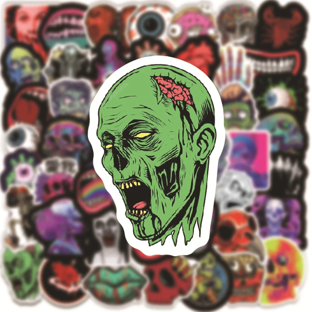 A collage of various horror skull zombie decals featuring grotesque faces and skulls.