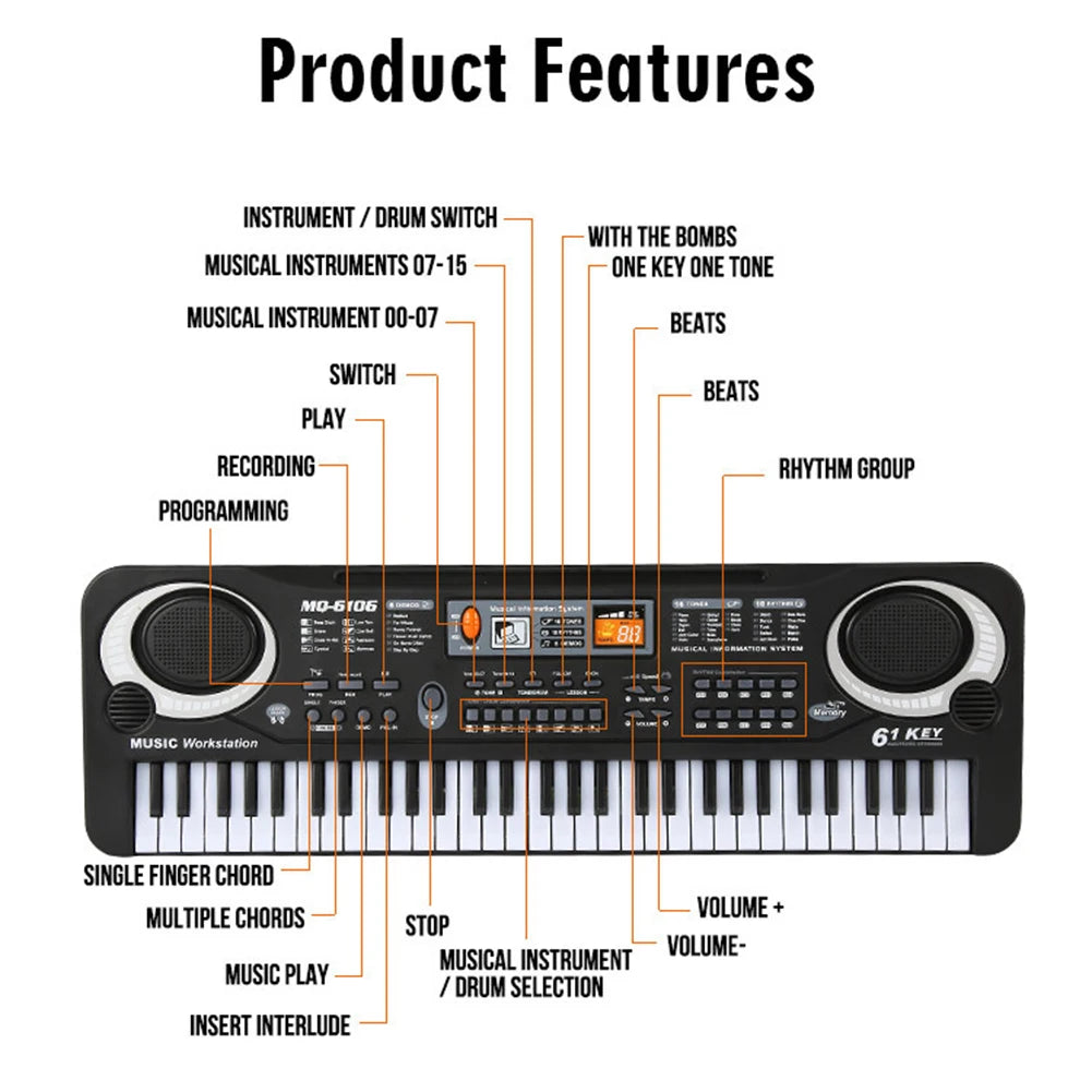 A black electronic piano keyboard labeled MO-6106 with various features and controls.