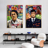 A gallery wall featuring three vibrant abstract graffiti canvas prints of portraits