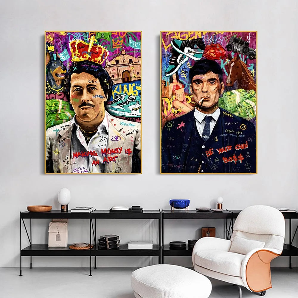 A gallery wall featuring three vibrant abstract graffiti canvas prints of portraits
