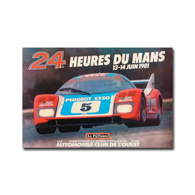 Poster for the 24 Heures du Mans race featuring a Peugeot Esso car with the number 5.