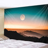 A tapestry depicting a sunset sky with a bright moon and silhouetted mountain ranges.