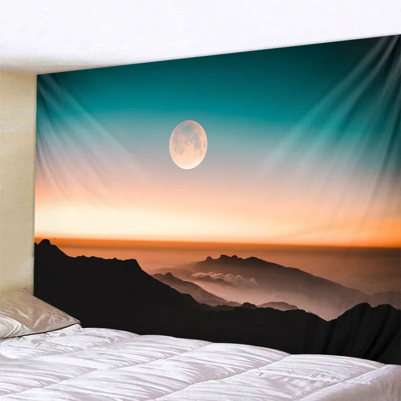 A tapestry depicting a sunset sky with a bright moon and silhouetted mountain ranges.