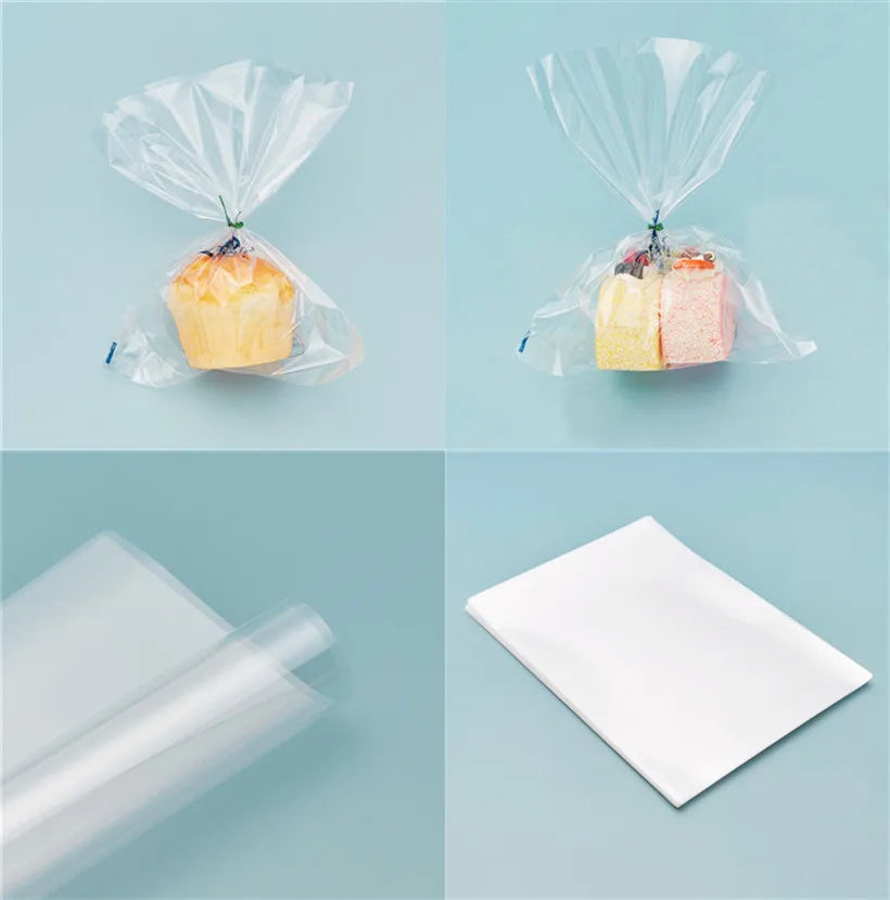 Four images showing clear cellophane gift bags with gold twist ties containing baked goods.