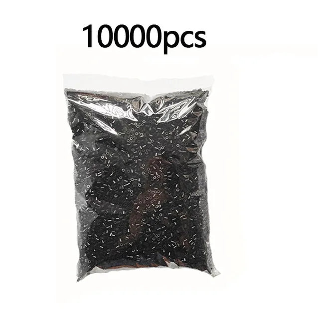 A sealed bag containing 10,000 small, dark fuse beads for crafting and DIY projects.