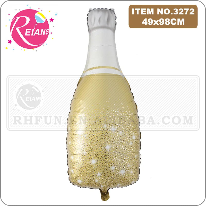 A gold foil champagne bottle balloon with a white neck and gold glitter body.