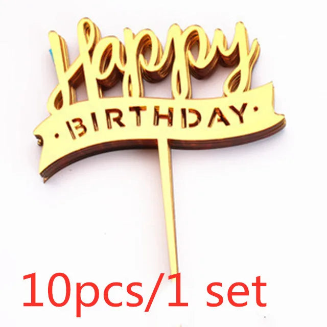 A set of ten gold acrylic happy birthday cake toppers with the words Happy Birthday