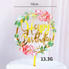 Rose gold acrylic happy birthday cake topper featuring pink roses and green leaves