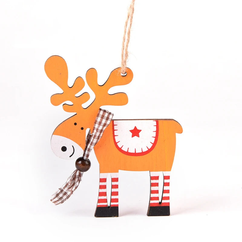 Hand-painted wooden deer ornament with antlers and festive markings for Christmas tree décor