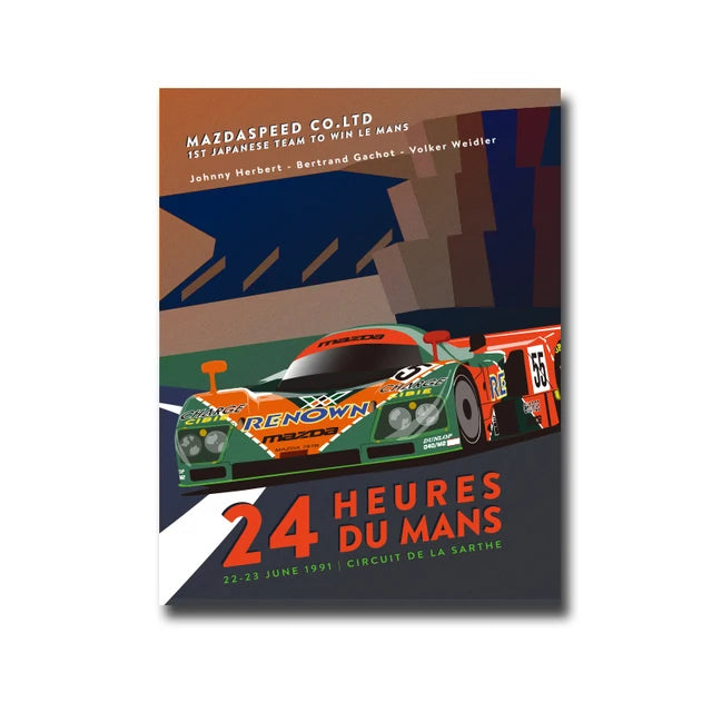 A poster for the MazdaSpeed Co. Ltd 1st Japanese team to win Le Mans featuring a race car and team members.