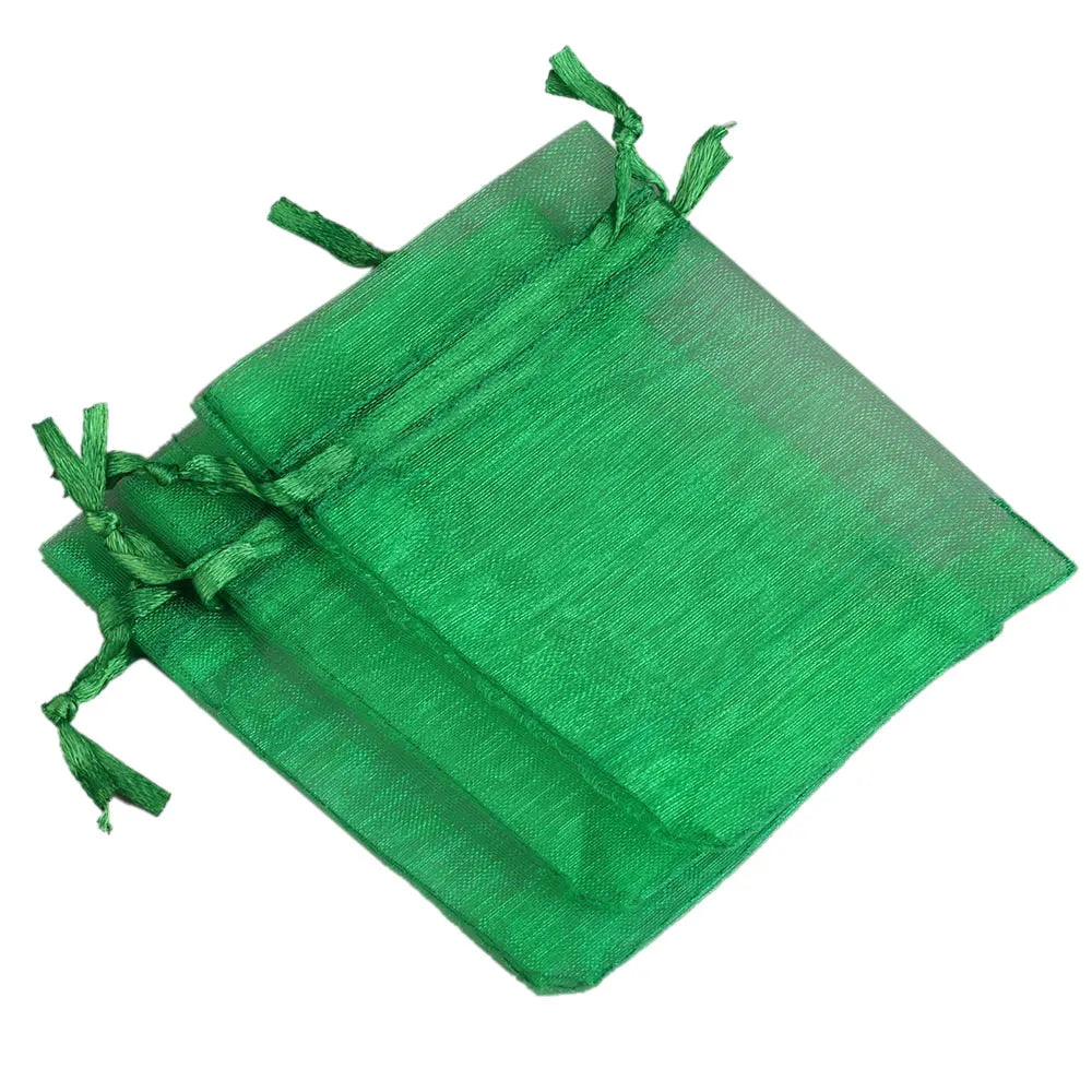 Green organza drawstring gift pouches for jewelry, candy, or party favors