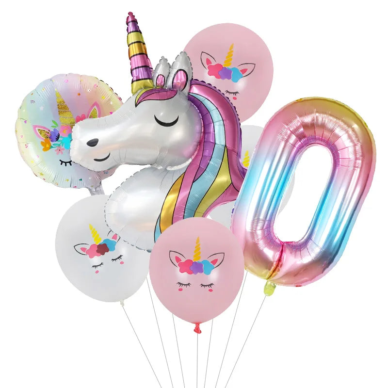 Collection de ballons en papier d'aluminium roses et arc-en-ciel, incluant un grand ballon de visage de licorne et un ballon 