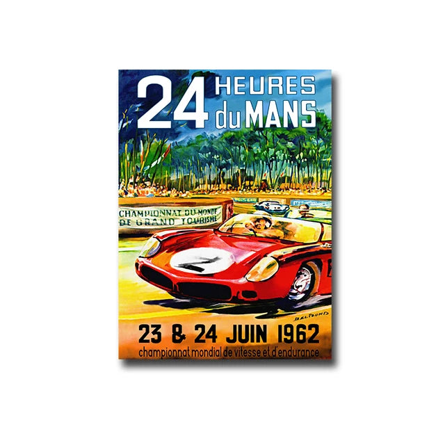Poster advertising the 24 Hours of Mans race on June 23-24, 1962, featuring a red classic racing car.