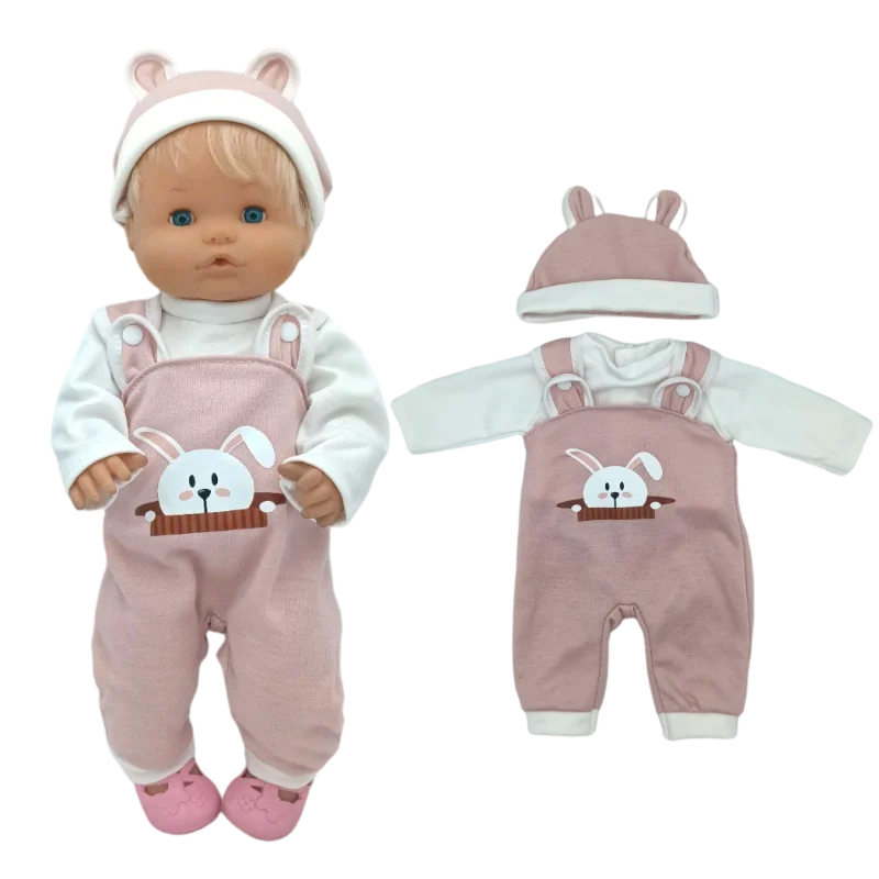 A pink doll outfit set including a matching hat and overalls for a baby doll.