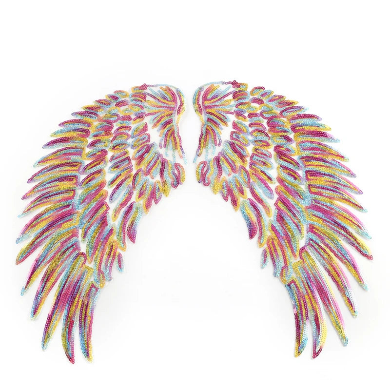 A pair of large, iridescent sequin wing patches for DIY sewing or iron-on embellishment.