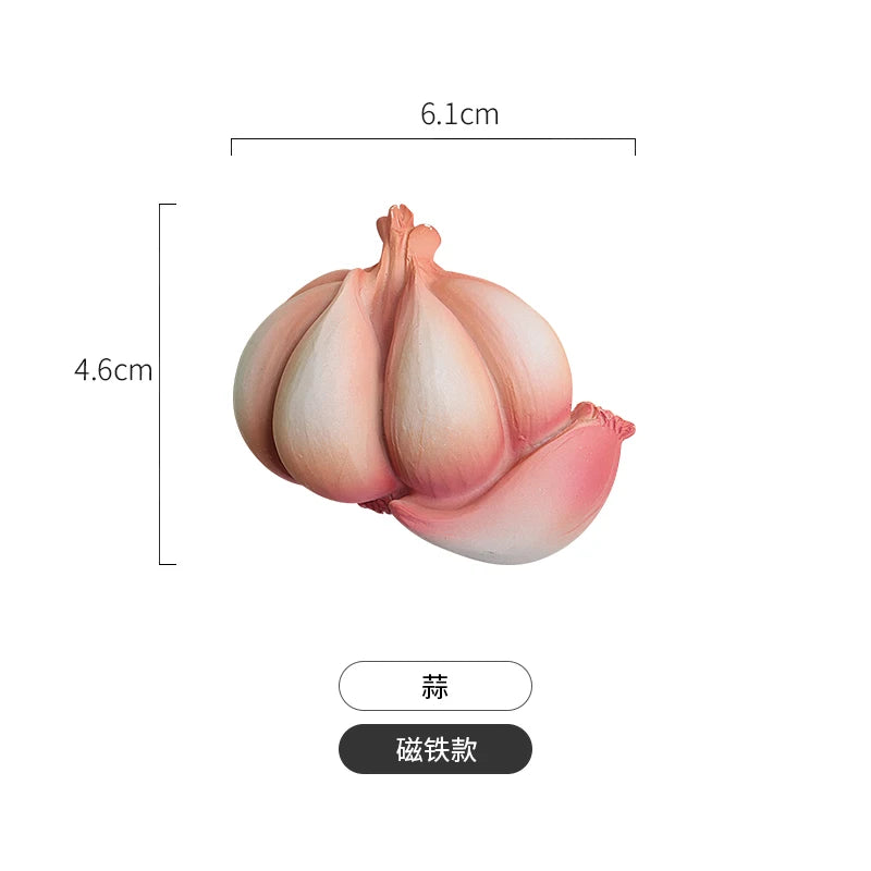 A pink, realistic fruit or vegetable shaped fridge magnet with a smooth, rounded form.