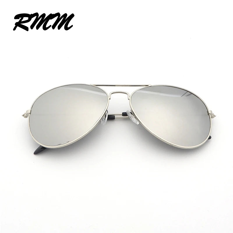 A pair of silver-framed pilot sunglasses with mirrored lenses shown against a white background.