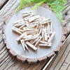 A collection of natural wooden clothespins arranged on a round wooden slice with green foliage in the background.