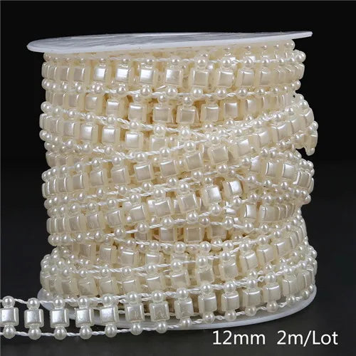 A spool of ivory pearl beads used for making garlands, packaged with a size indicator.