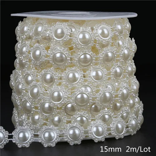 Ivory pearl bead garland featuring small spherical pearls packaged for wedding and event decoration.