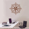 A brown nautical compass rose wall decal is displayed on a white desk.
