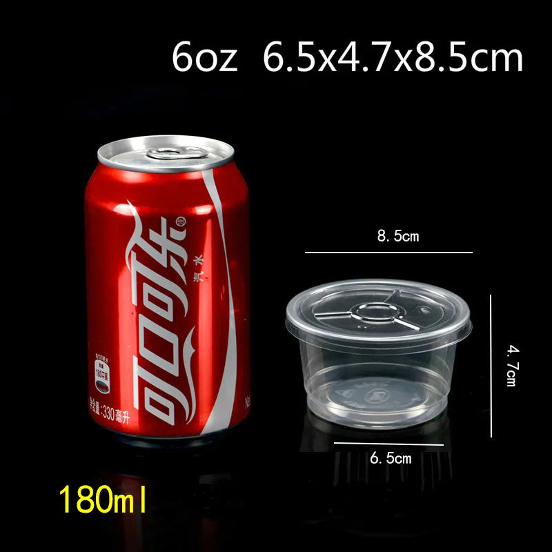 A red aluminum can of a liquid product next to a clear plastic dessert cup with a lid.