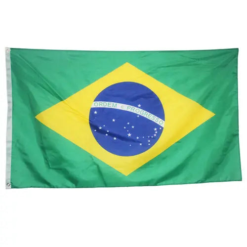A green flag with a yellow diamond shape featuring a blue circle and stars, representing the Brazilian national flag.
