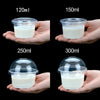 Five disposable dessert cups with lids containing white liquid, labeled 120ml, 150ml, 250ml, and 300ml.