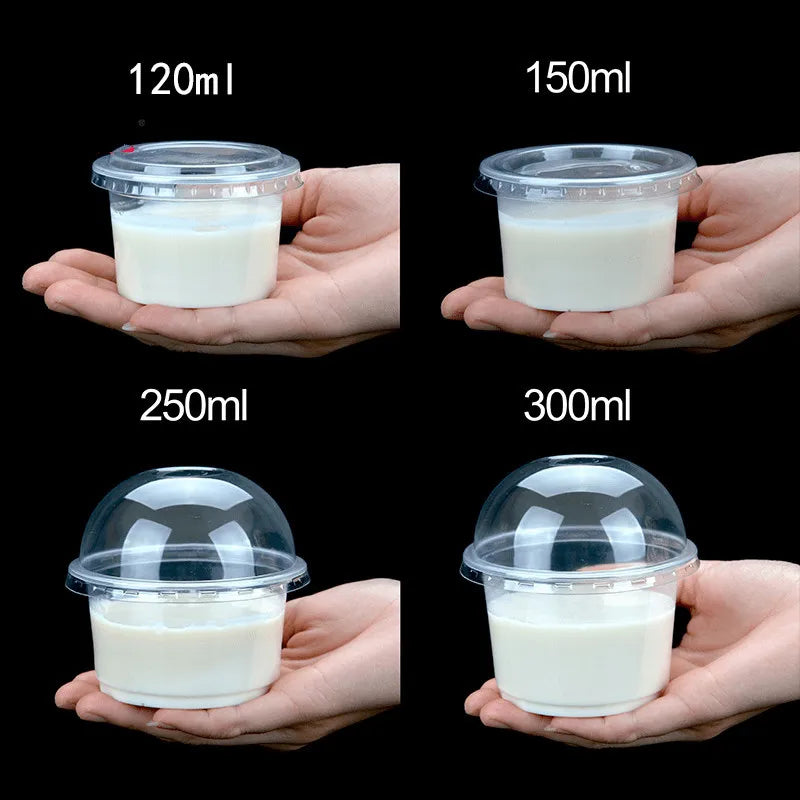 Five disposable dessert cups with lids containing white liquid, labeled 120ml, 150ml, 250ml, and 300ml.