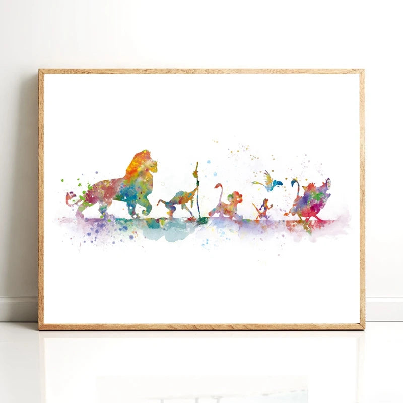 Aquarellmalerei verschiedener Löwenfiguren im Splash-Stil auf Leinwanddruck