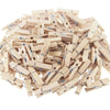 A pile of natural wooden clips used for crafts, photos, and decor.