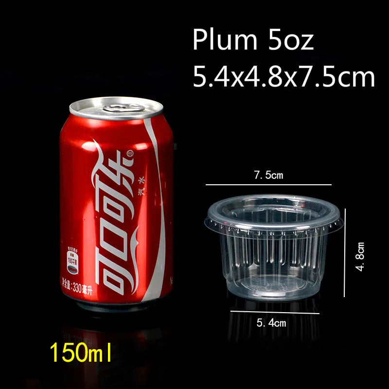 A can of Plum 5oz dessert cups with a clear plastic lid shown next to the product dimensions.