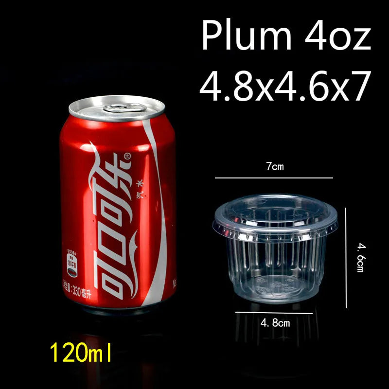 A red aluminum can of plum juice with a clear plastic dessert cup and lid shown next to it.