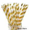 A bundle of 25 gold and white striped paper straws in a glass container.