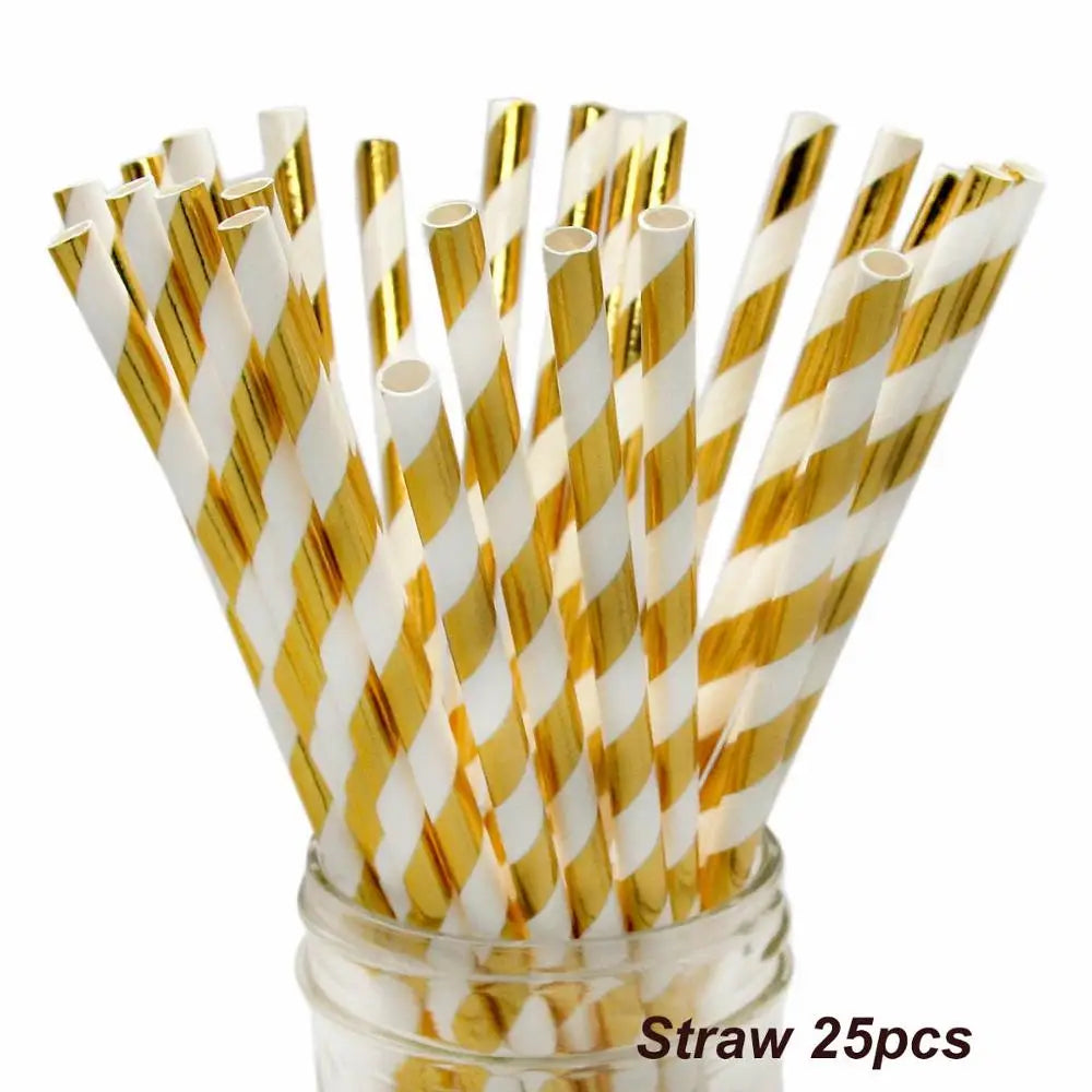 A bundle of 25 gold and white striped paper straws in a glass container.