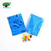 Two bright blue foil zip bags containing colorful candies are displayed on a white background.