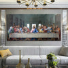 A large canvas print of The Last Supper depicting a Renaissance scene, displayed on a wall above a modern sofa.