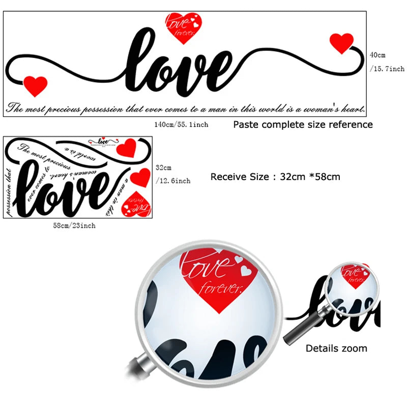A romantic letter wall sticker featuring the word love in elegant script with a red heart design.