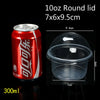 A red aluminum can with a round lid and a clear plastic dessert cup shown next to its dimensions.