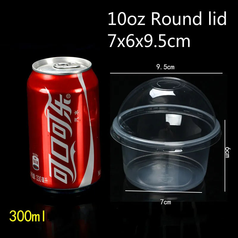 A red aluminum can with a round lid and a clear plastic dessert cup shown next to its dimensions.