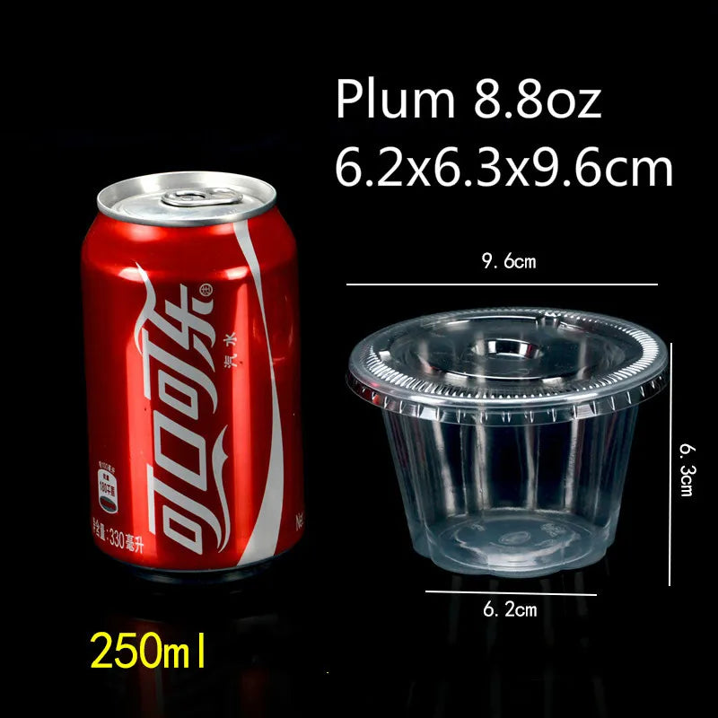 A red aluminum can of Plum juice next to a clear plastic dessert cup with a lid.