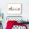 Aquarell-Löwenkunst-Canvas-Print mit verschiedenen farbenfrohen Löwenfiguren auf weißem Hintergrund.