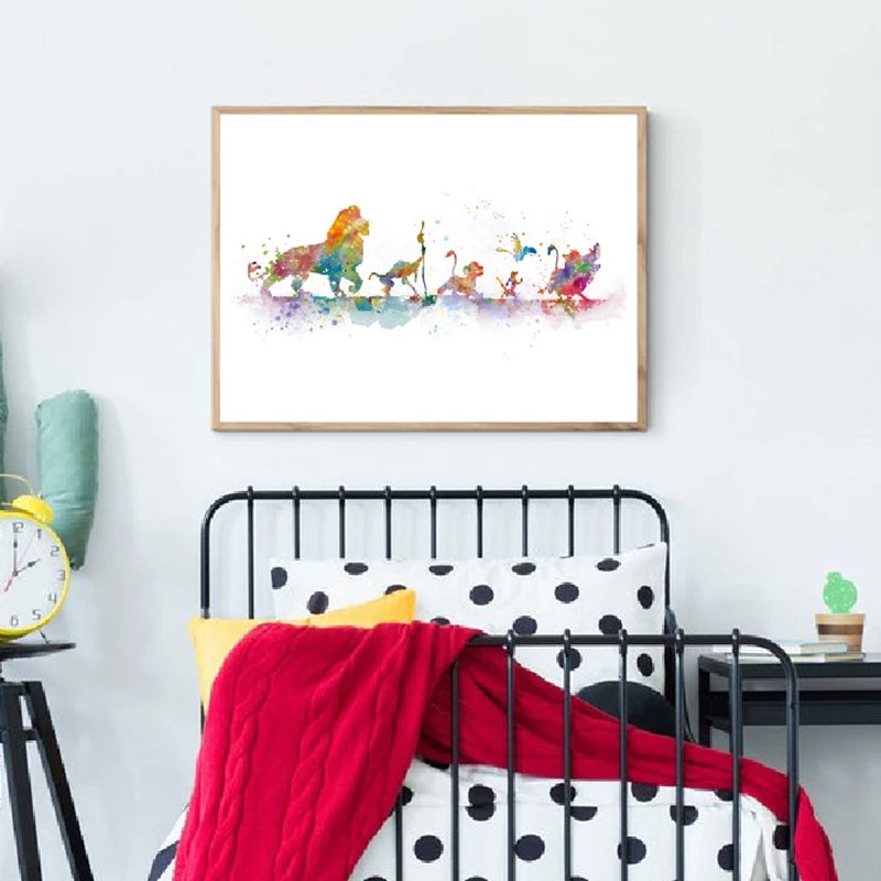 Aquarell-Löwenkunst-Canvas-Print mit verschiedenen farbenfrohen Löwenfiguren auf weißem Hintergrund.