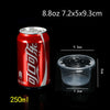 A red aluminum can of disposable dessert cups with lids, shown next to a measurement diagram.