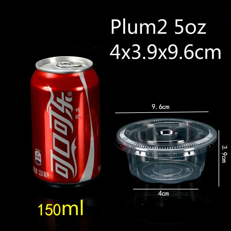 A can of Plum2 5oz dessert cups with a clear plastic lid shown next to the product dimensions.