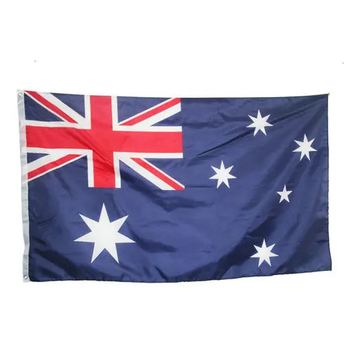 A dark blue national flag of Australia with the Union Jack and Southern Cross visible.
