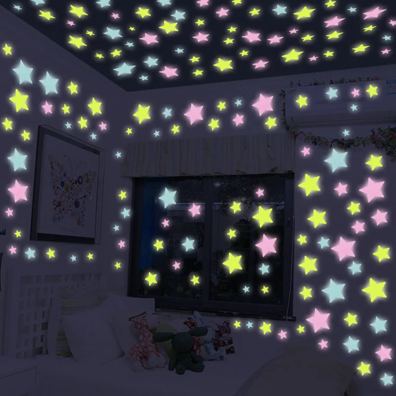 A room decorated with glow-in-the-dark star stickers on the ceiling and walls.